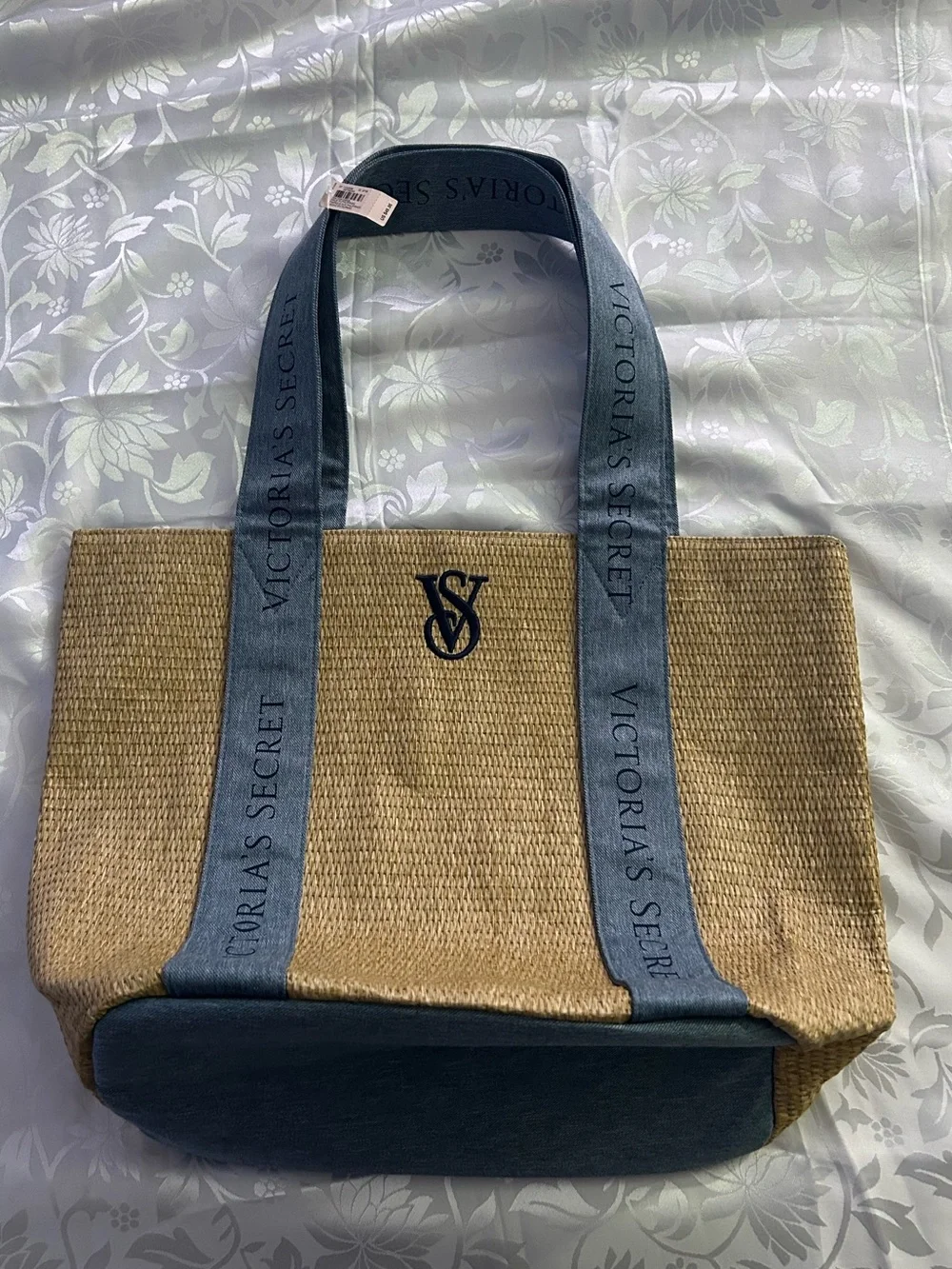 Victoria's Secret Straw Tote with Blue Trim and Logo